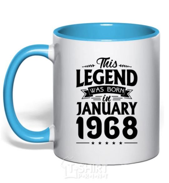 Mug with a colored handle This Legend was born in Jenuary 1968 sky-blue фото