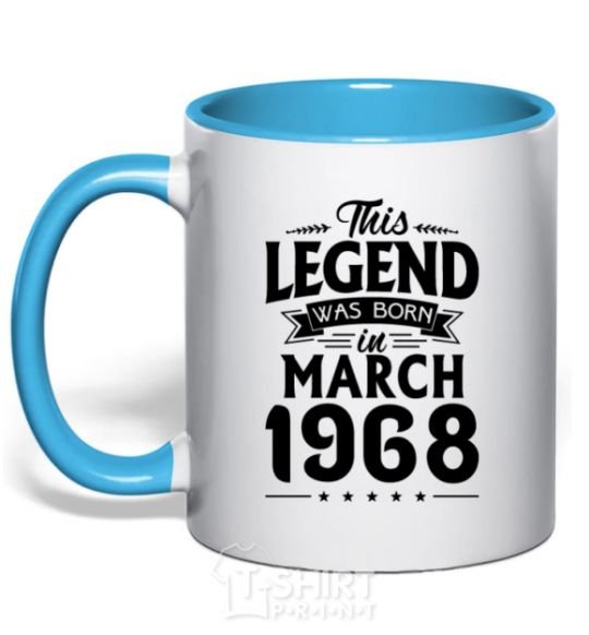 Mug with a colored handle This Legend was born in March 1968 sky-blue фото