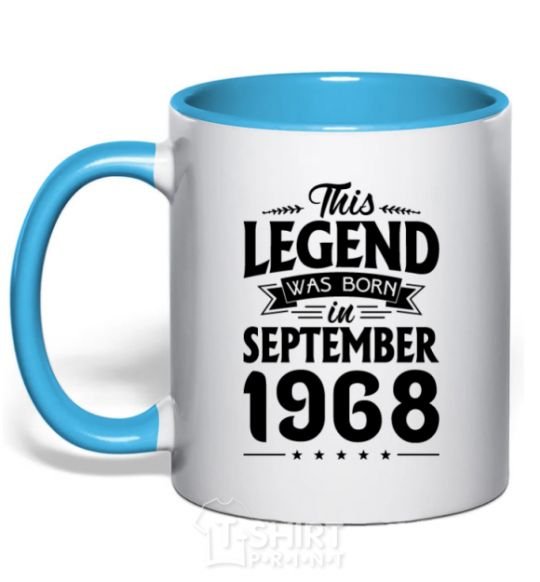 Mug with a colored handle This Legend was born in September 1968 sky-blue фото