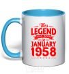 Mug with a colored handle This Legend was born in Jenuary 1958 sky-blue фото