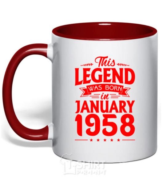 Mug with a colored handle This Legend was born in Jenuary 1958 red фото