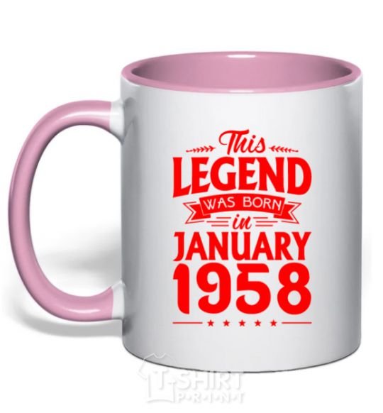 Mug with a colored handle This Legend was born in Jenuary 1958 light-pink фото