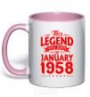 Mug with a colored handle This Legend was born in Jenuary 1958 light-pink фото