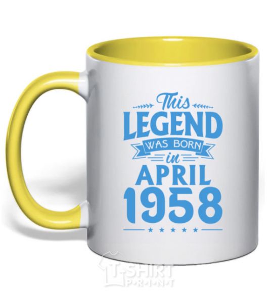 Mug with a colored handle This Legend was born in April 1958 yellow фото