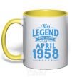 Mug with a colored handle This Legend was born in April 1958 yellow фото