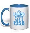 Mug with a colored handle This Legend was born in April 1958 royal-blue фото