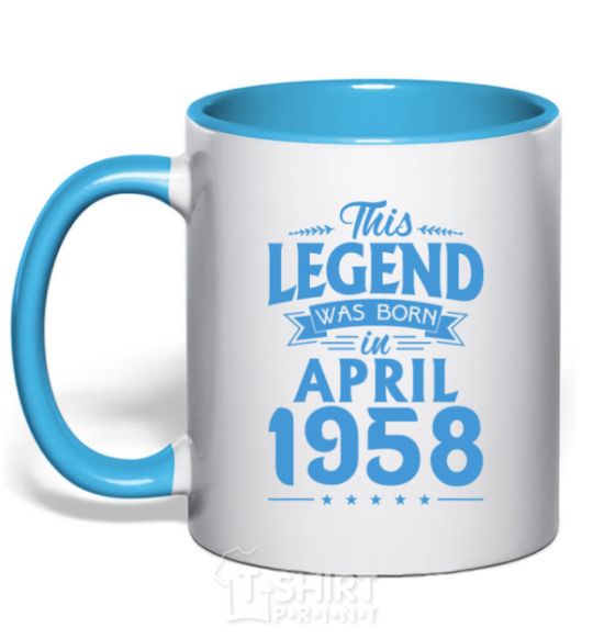 Mug with a colored handle This Legend was born in April 1958 sky-blue фото