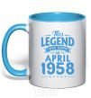 Mug with a colored handle This Legend was born in April 1958 sky-blue фото