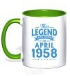 Mug with a colored handle This Legend was born in April 1958 kelly-green фото