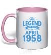 Mug with a colored handle This Legend was born in April 1958 light-pink фото