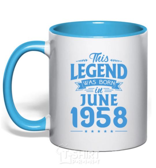 Mug with a colored handle This Legend was born in June 1958 sky-blue фото