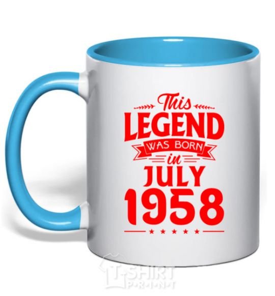 Mug with a colored handle This Legend was born in July 1958 sky-blue фото