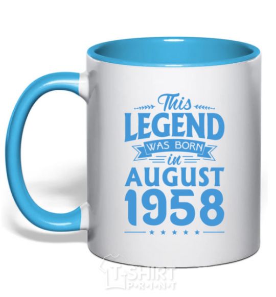 Mug with a colored handle This Legend was born in August 1958 sky-blue фото