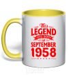 Mug with a colored handle This Legend was born in September 1958 yellow фото