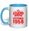 Mug with a colored handle This Legend was born in September 1958 sky-blue фото