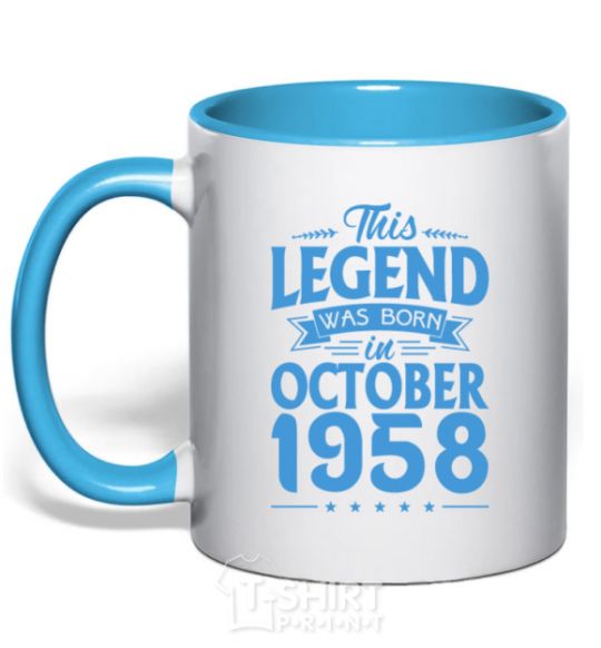 Mug with a colored handle This Legend was born in October 1958 sky-blue фото