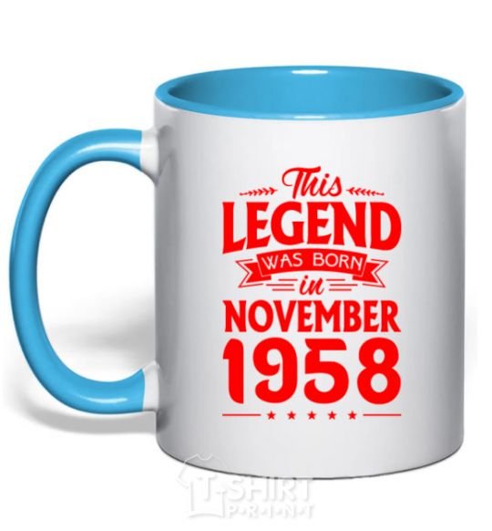 Mug with a colored handle This Legend was born in November 1958 sky-blue фото