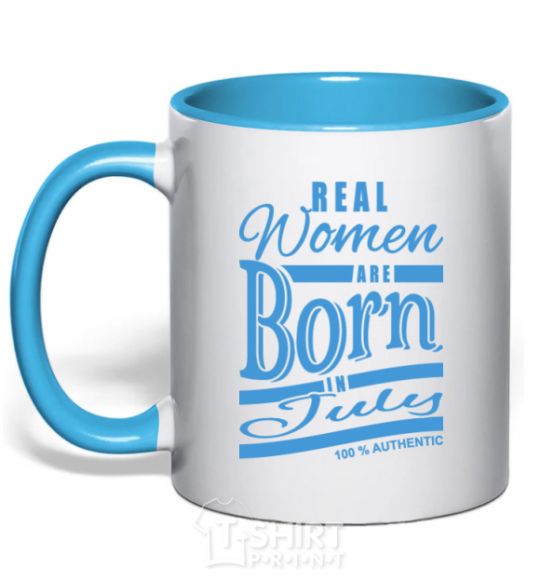 Mug with a colored handle Real women are born in July sky-blue фото