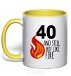 Mug with a colored handle 40 and still hot like fire yellow фото