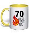 Mug with a colored handle 70 and still hot like fire yellow фото