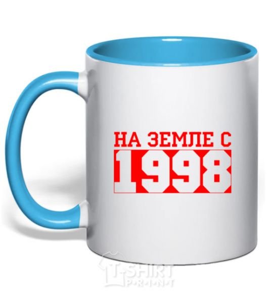 Mug with a colored handle On earth since 1998 sky-blue фото