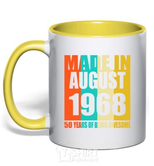 Mug with a colored handle Made in August 1968 50 years of being awesome yellow фото