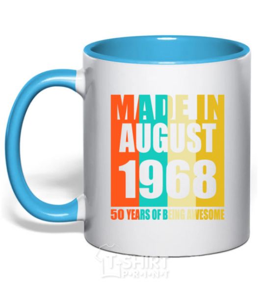 Mug with a colored handle Made in August 1968 50 years of being awesome sky-blue фото