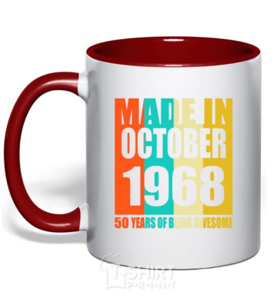 Mug with a colored handle Made in October 1968 50 years of being awesome red фото