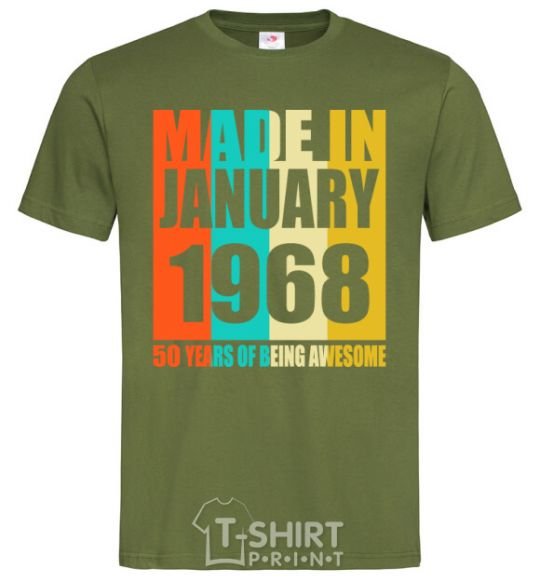 Мужская футболка Made in January 1968 50 years of being awesome Оливковый фото