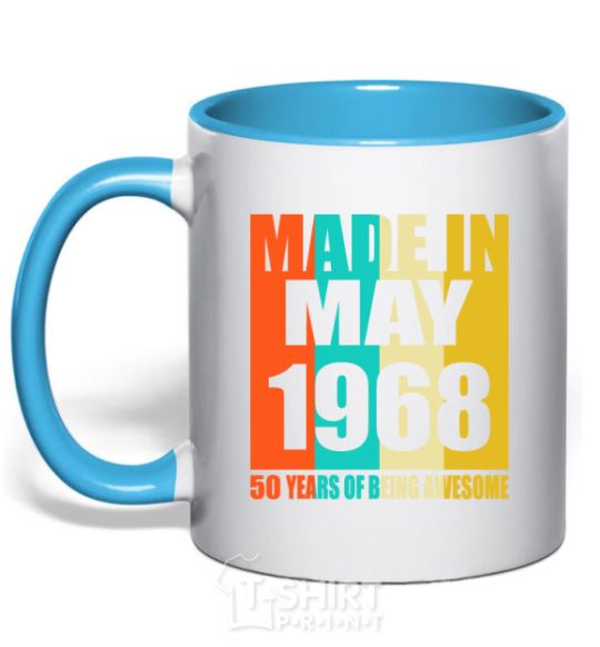 Mug with a colored handle Made in May 1968 50 years of being awesome sky-blue фото