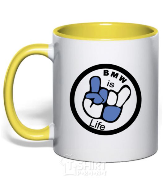 Mug with a colored handle BMW is life yellow фото