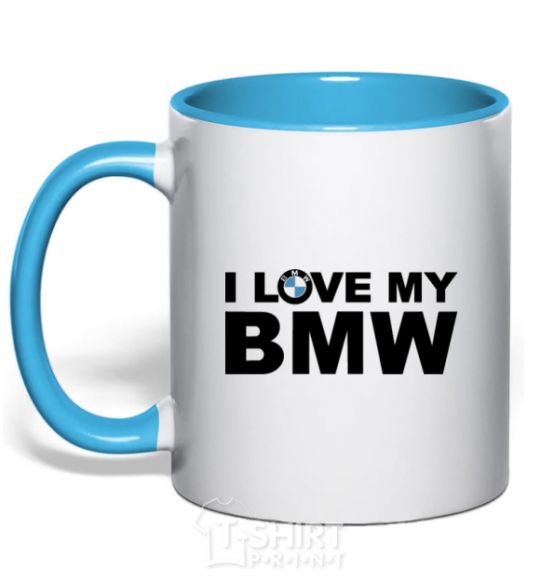 Mug with a colored handle I love my BMW logo sky-blue фото