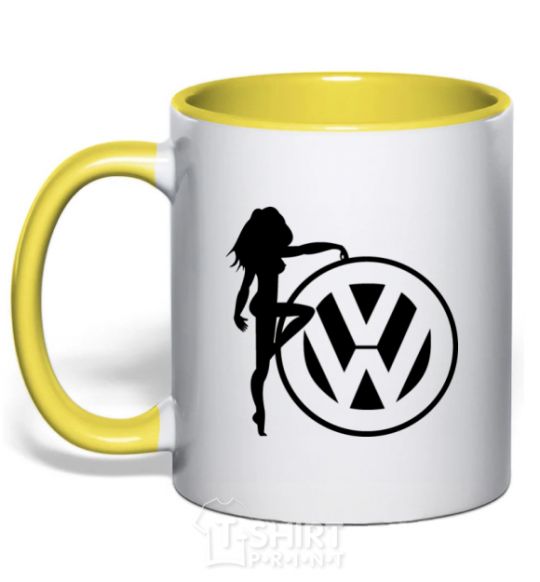 Mug with a colored handle Girls love Volkswagen yellow фото