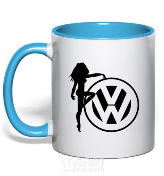 Mug with a colored handle Girls love Volkswagen sky-blue фото