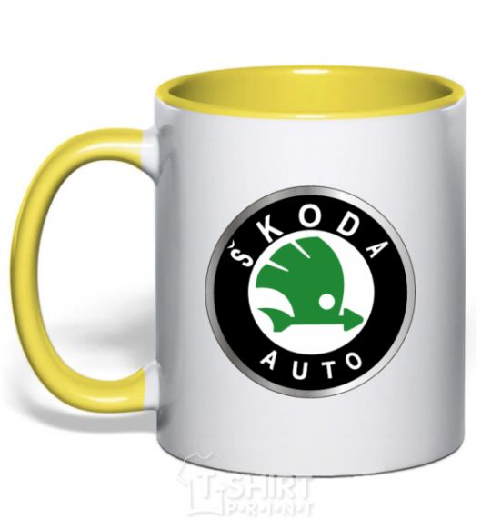 Mug with a colored handle Skoda logo colored yellow фото