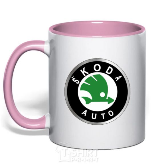 Mug with a colored handle Skoda logo colored light-pink фото