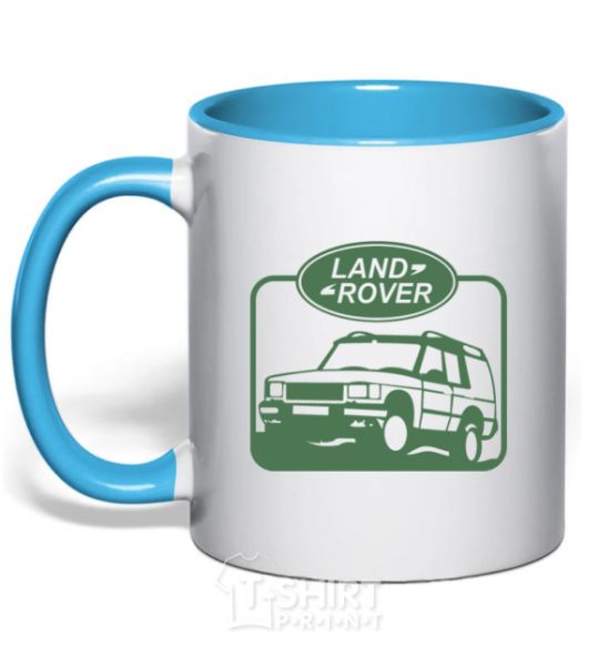 Mug with a colored handle Land rover car sky-blue фото