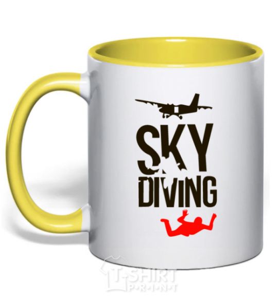 Mug with a colored handle Sky diving yellow фото