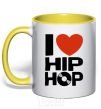 Mug with a colored handle I love HIP-HOP yellow фото