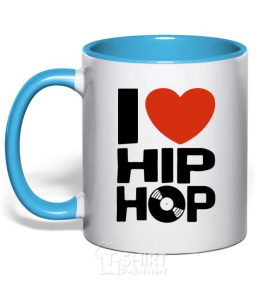 Mug with a colored handle I love HIP-HOP sky-blue фото