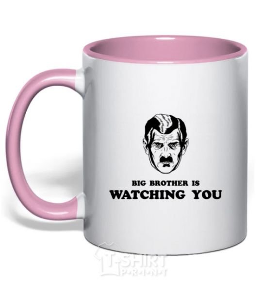 Mug with a colored handle Big brother is watching you light-pink фото