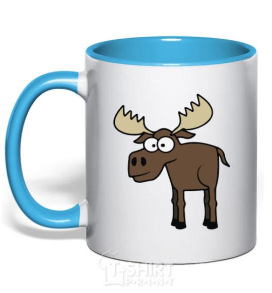 Mug with a colored handle The moose is standing sky-blue фото