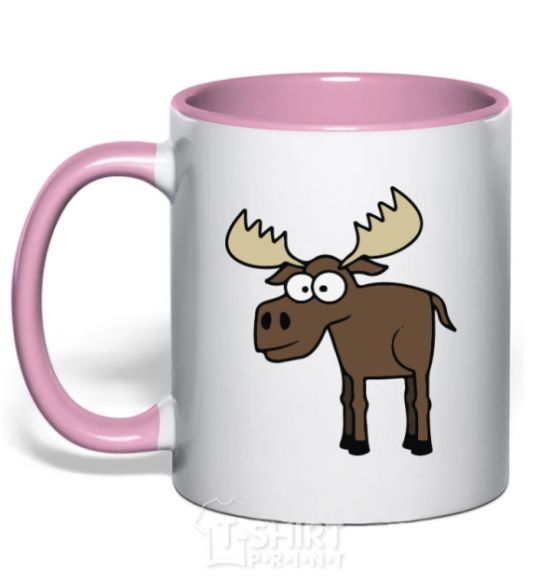Mug with a colored handle The moose is standing light-pink фото
