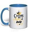 Mug with a colored handle Queens are born in July royal-blue фото