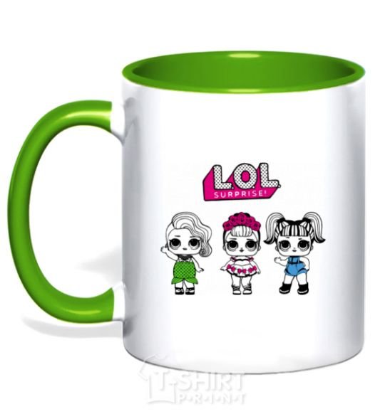 Mug with a colored handle Lol surprise three dolls and a mermaid kelly-green фото