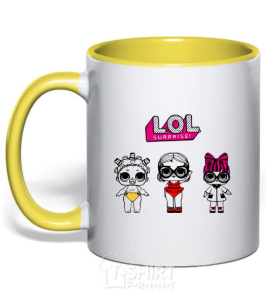 Mug with a colored handle Lol surprise three dolls and in a swimsuit yellow фото