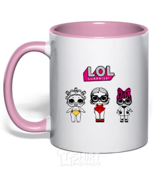 Mug with a colored handle Lol surprise three dolls and in a swimsuit light-pink фото