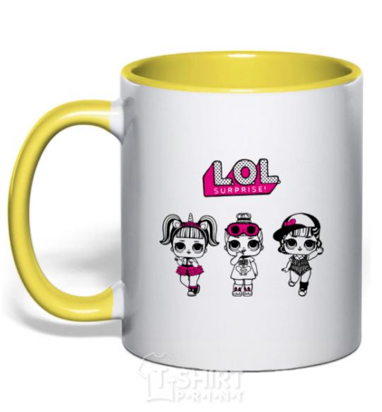 Mug with a colored handle Lol surprise three dolls and a unicorn yellow фото