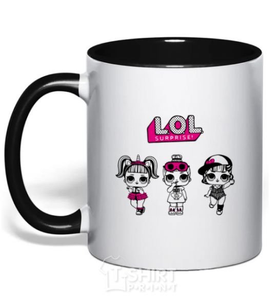 Mug with a colored handle Lol surprise three dolls and a unicorn black фото