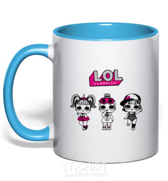 Mug with a colored handle Lol surprise three dolls and a unicorn sky-blue фото